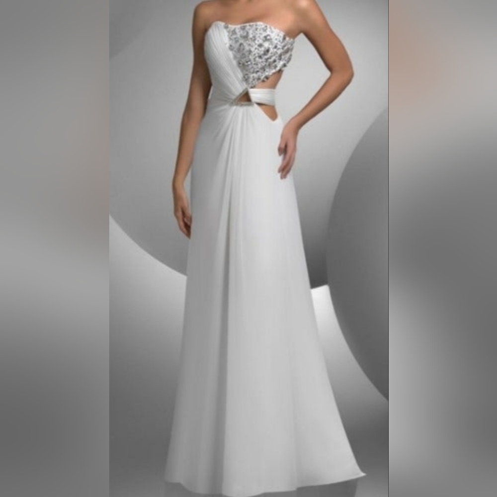 Shimmer Bari Jay Long Formal Dress Strapless Cutouts Ivory Silver Rhinestones 4
